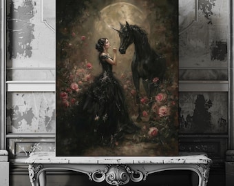 Enchanted Maiden and Unicorn Canvas Art – Dreamy Gothic Fairytale Artwork for Statement Wall Décor
