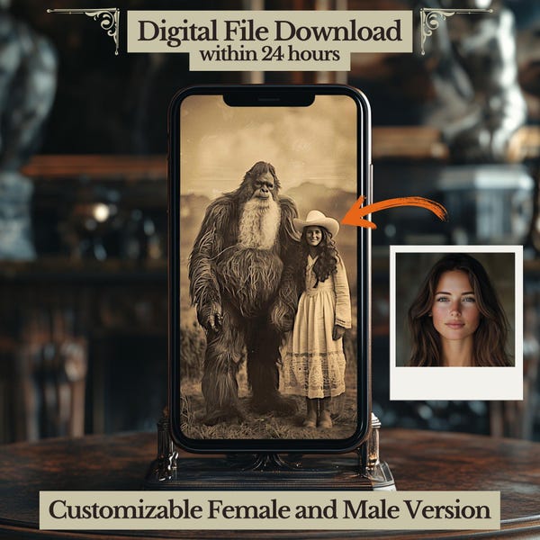 Descarga digital de Bigfoot, fotografía vintage personalizada, foto de Sasquatch críptico, arte de pared misterioso, regalo para amantes de Bigfoot masculino y femenino