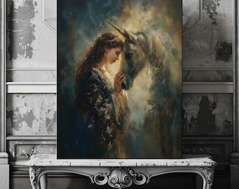 Eve and Unicorn Celestial Canvas – Dreamy Mythical Artwork Filled with Warm Golden Glow