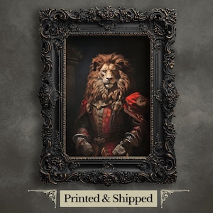 Royal Lion Wall Art Print Renaissance Animal Portrait Painting Baroque Lion Artwork Dark Academia Poster Animal Lion Gothic Wall Art