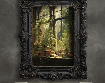 Overgrown Window Sill Art Print: Dark Cottagecore Nature Painting