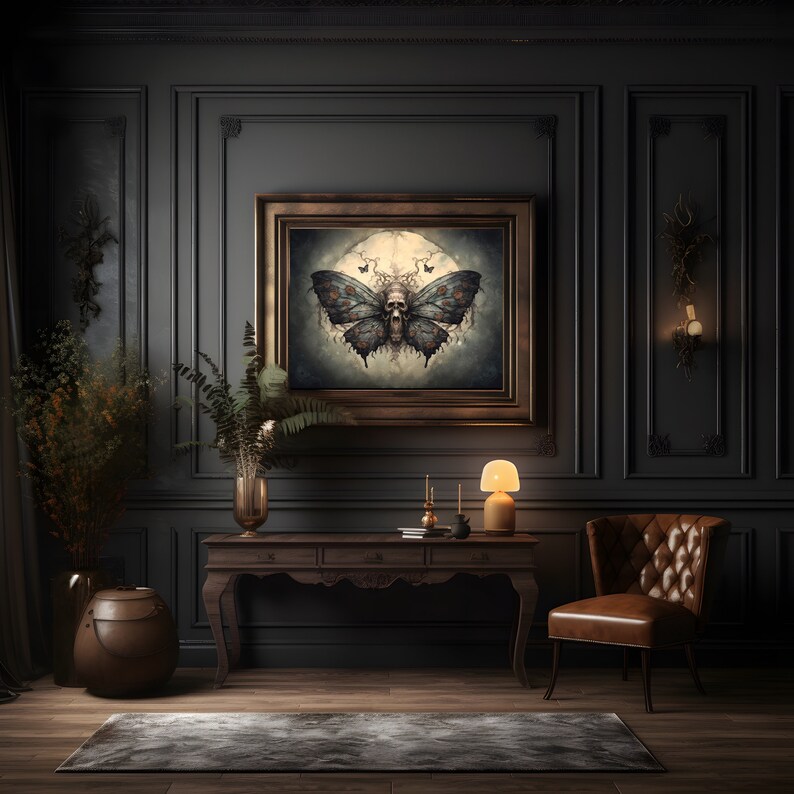 May include: A dark, moody interior with a framed print of a butterfly with a skull head. The butterfly has blue and brown wings with floral accents. The print is hanging on a dark wall with gold trim. A wooden table with a lamp and a leather chair are in the foreground.