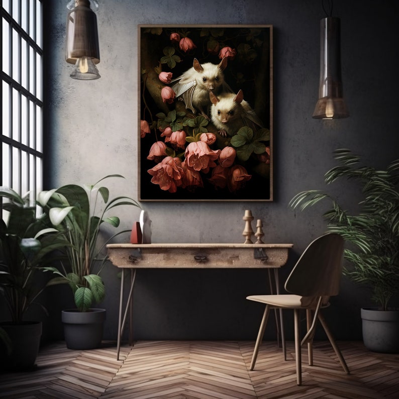 White Bats Wall Art Print Dark Cottagecore Dark Academia Gothic Retro Horror Animal Art