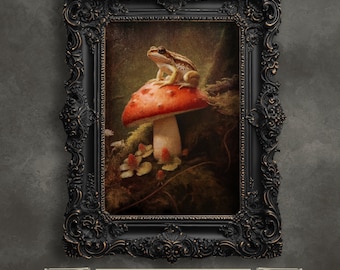 Frog on Mushroom Art Print, Dark Cottagecore Botanical Wall Decor