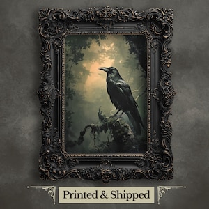Stampa artistica da parete Raven, dipinto di bosco scuro e lunatico, stampa vintage sulla natura, ritratto di animali della foresta, dipinto di animali selvatici, stampa di corvo Dark Academia