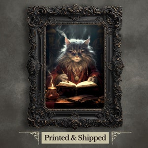 Katze Magier Wand Kunst Druck Fantasy Wand Dekor Tier Portrait Kunstwerk Whimsigoth Print Dark Academia Poster Dunkel Raum Dekoration