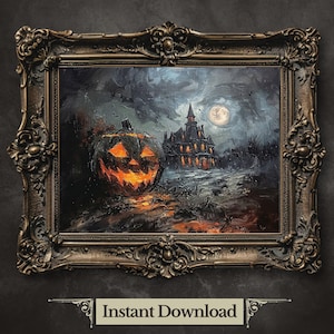 Haunted House Printable Wall Art Halloween Pumpkin Print Spooky Season Wall Art Jack-o-Lantern Oil Painting Haunted Autumn Artwork