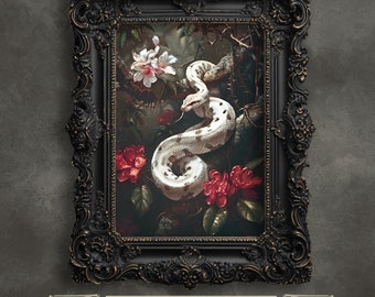 May include: A framed print of a white snake with black markings, curled around a branch in a lush, dark green forest. The snake is surrounded by red and white flowers.