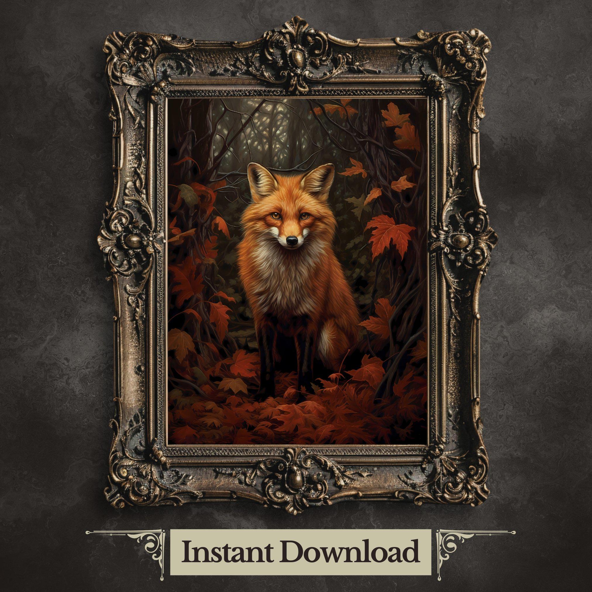 Red Fox Autumn Forest Dark Cottagecore Printable Wall Art Vintage Dark Academia Print Dark Aestetic Wildlife Painting Gothic Home Decor