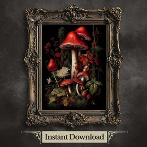Red Mushrooms in Dark Forest Dark Cottagecore Printable Wall Art Goblincore Vintage Botanical Amanita Decor Witchy Gothic Dark Academia