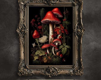 May include: A vintage-style illustration of red mushrooms in a forest setting. The mushrooms are surrounded by green leaves and flowers. The image is framed in a dark, ornate frame.