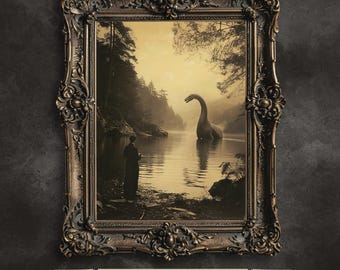 Dinosaur in Misty Lake Printable Art, Vintage Fantasy (Digital Download)