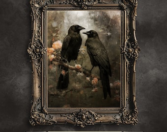 Raven Couple in Dark Forest Printable Wall Art Vintage Dark Cottagecore Wildlife Painting Gothic Decor Dark Academia Artwork Retro Art