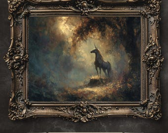 Golden Forest Unicorn Printable Art – Dreamy Ethereal Fantasy Illustration for Magical Home Décor, Instant Download