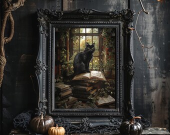 Black Cat in Library Wall Art Print Dark Cottagecore Library