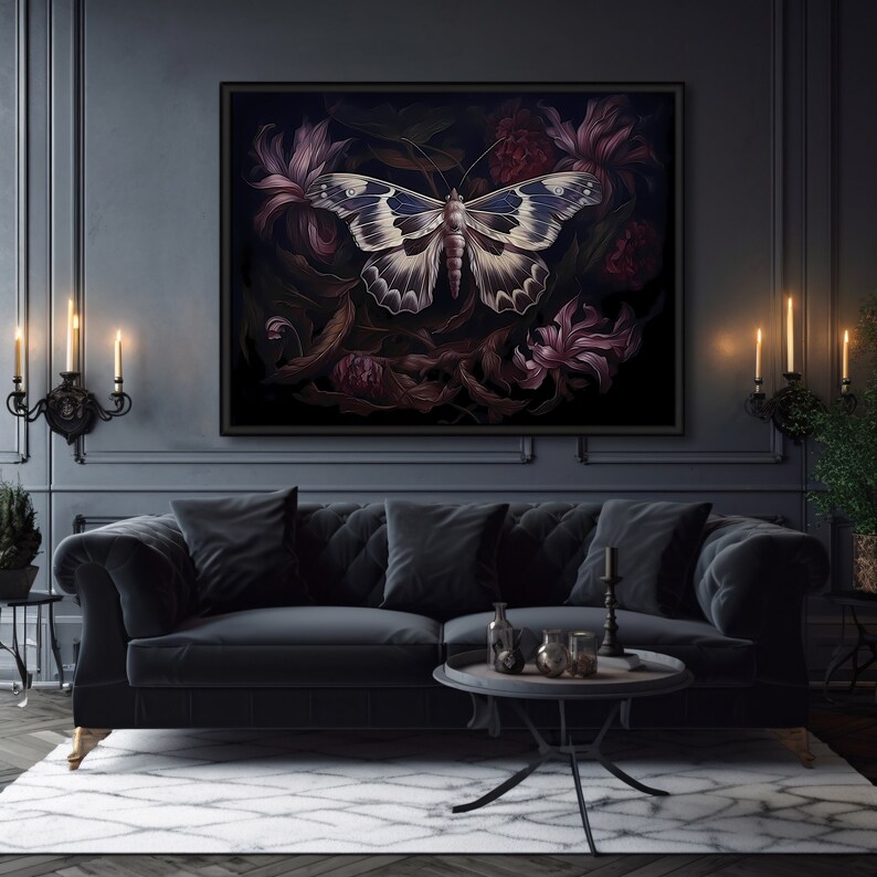 Botanical Moth Dark Cottagecore Wall Art Moody Floral - Etsy