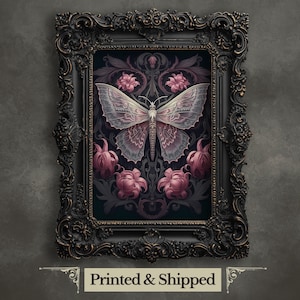 Pink Motte Wand Kunst Druck Witchy Gothic Botanisches Dekor Dark Academia Goblincore Dunkles Blumen Dekor Dunkle Motte Kunst Hexe Zimmer Dekor