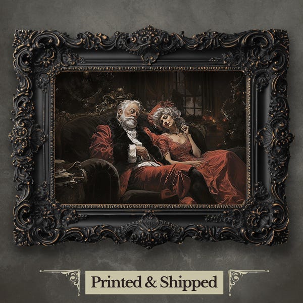 Tired Santa & Mrs. Claus Art Print, Romantic Cottagecore Christmas Decor