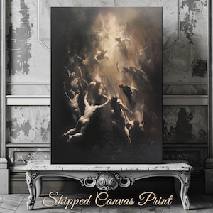 Op de afbeelding: Een donker, abstract schilderij dat een groep figuren toont die naar boven reiken naar een heldere lichtbron. De figuren zijn weergegeven in tinten bruin en zwart, wat een gevoel van diepte en beweging creëert.