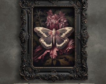 Lámina artística de polilla botánica, pintura floral estilo cottagecore oscuro