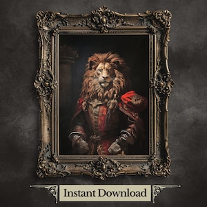 Royal Lion Printable Wall Art Renaissance Animal Portrait Painting Baroque Lion Artwork Dark Academia Poster Animal Lion Goth Decor