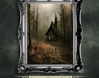 Spooky Witch Cottage Printable Wall Art Moody Woodland Fairytale Dark Cottagecore Artwork Gothic Painting Witchy Art Horror Decoration