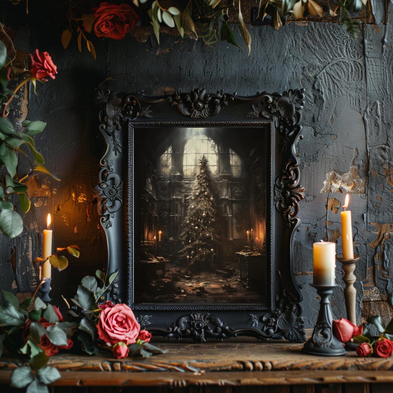 Gothic Christmas Tree Printable Wall Art Abandoned House Christmas Art Haunted Mansion