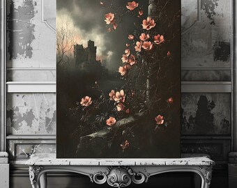 Gothic Castle Canvas Art Print: Moody Floral Landscape