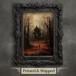 Spooky Autumn Witch Cottage Wall Art Print Eerie Woodland Fairytale Dark Fall Cottagecore Artwork Gothic Painting Witchy Horror Art