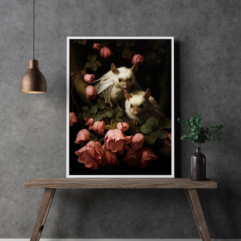White Bats Wall Art Print Dark Cottagecore Dark Academia Gothic Retro Horror Animal Art