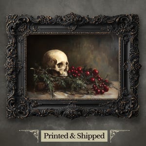 Stampa artistica da parete con natura morta natalizia gotica, teschio e arte sempreverde per decorazioni natalizie gotiche, dipinto Memento Mori, stampa di Natale scura