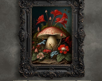 Könnte beinhalten: Eine gerahmte Illustration eines roten und weißen Pilzes mit roten Blumen und grünen Blättern vor einem dunklen Hintergrund.