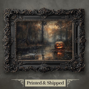 Haunting Pumpkin in Dark Swamp Wall Art Print Halloween Print Spooky Season Wall Art Dark Woodland Rustikal Herbst Dekor Herbstlandschaft