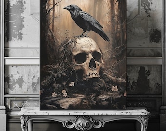 Raven and Skull Canvas Art Print, Gothic Dark Fantasy Decor