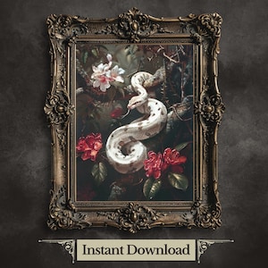 May include: A framed print of a white snake coiled around a branch with red and white flowers. The snake is in a dark green forest setting. The frame is ornate and gold.