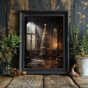 May include: A framed print of a Christmas tree in a dilapidated room. The tree is decorated with ornaments and lights. The room is dark and dusty, with broken windows and peeling paint. The image evokes a sense of nostalgia and melancholy.
