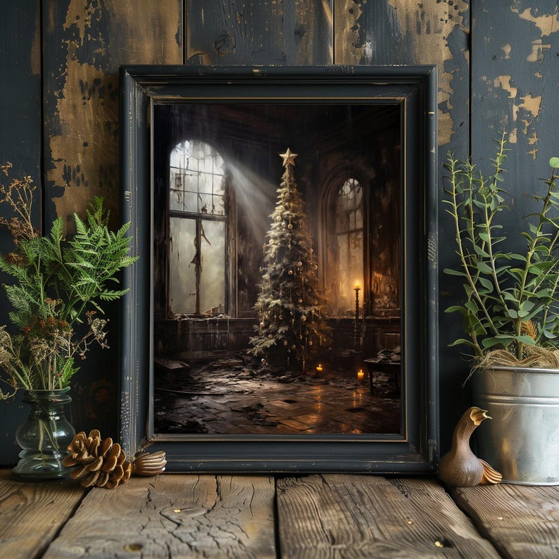 May include: A framed print of a Christmas tree in a dilapidated room. The tree is decorated with ornaments and lights. The room is dark and dusty, with broken windows and peeling paint. The image evokes a sense of nostalgia and melancholy.