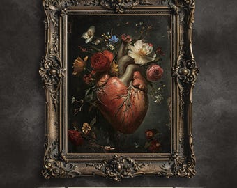 Gothic Human Heart Floral Oil Painting: Macabre Valentine Decor (Digital Download)