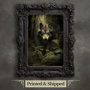 Stampa artistica da parete con lupo, opera d'arte del bosco malinconico, stampa vintage verde accademico, stampa di animali della foresta, arte della fauna selvatica, decorazione estetica verde scuro