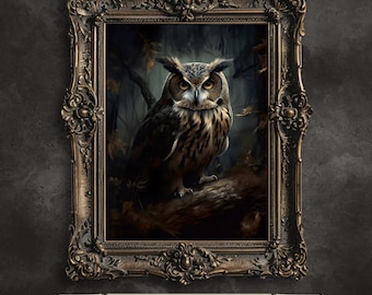 Owl in Dark Forest Antique Painting: Gothic Cottagecore Wall Art (Digital Download)