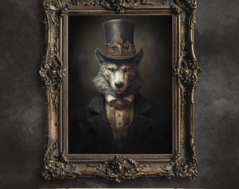 Könnte beinhalten: Eine digitale Illustration eines Wolfes, der einen Zylinder und eine Fliege trägt. Der Wolf ist im Vintage-Stil dargestellt, mit einem dunklen Hintergrund und einem goldenen Rahmen.