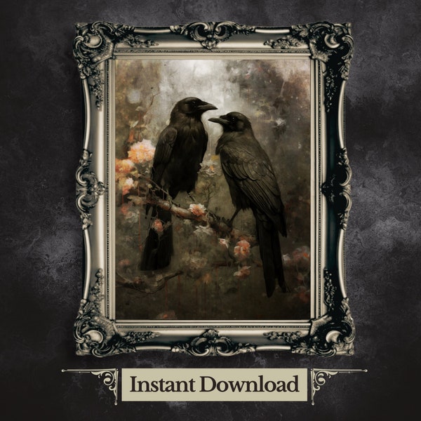 Raven Couple in Dark Forest Printable Wall Art Vintage Dark Cottagecore Wildlife Painting Gothic Decor Dark Academia Artwork Retro Art