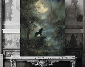 Enchanted Cliffside Unicorn Canvas – Moody Fantasy Landscape with Moonlight and Distant Castle