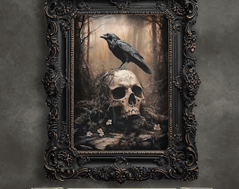Raven and Skull Art Print, Dark Academia Home Decor