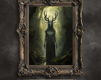 May include: A digital painting of a dark, mysterious figure with antlers standing in a forest. The figure is wearing a long, flowing robe and has a haunting expression on its face.
