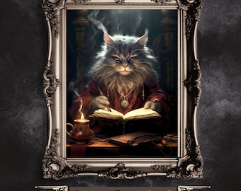 Mystic Cat Wizard Art Print: Gothic Fantasy muurdecoratie (digitale download)