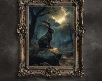 Moonlit Jackalope Printable Art – Mystical Cryptid Forest Illustration Inspired by American Folklore