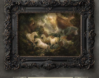 Unicorns in the Storm – Epic Great Flood Art Print with Noah’s Ark, High Quality Print