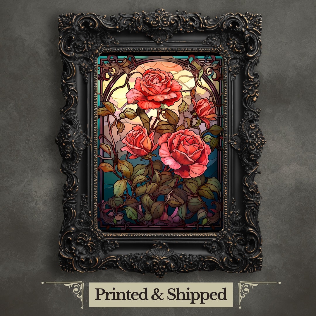 Stained Glass Roses Wall Art Print Dark Gothic Artwork Moody Painting ...