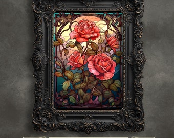 Gothic Floral Glass Art: Dark and Moody Wall Print with Stained Roses